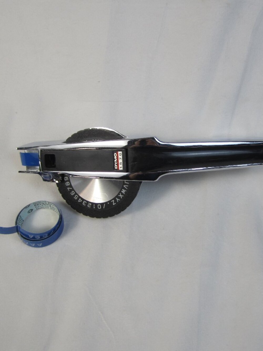 Vintage DYMO 1570 Chrome Label Maker with partial blue roll of tape-Tested-Works